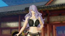 Rule 34 | 10s, 1girl, 3d, animated, animated gif, bare shoulders, black bra, black panties, boots, bouncing breasts, bra, breasts, camilla (fire emblem), cleavage, covering one eye, english text, female focus, fire emblem, fire emblem fates, fire emblem warriors, hair over one eye, hand on own hip, intelligent systems, jiggle, large breasts, long hair, looking at viewer, midriff, navel, nintendo, outdoors, panties, pov, purple hair, red eyes, solo, standing, subtitled, talking, underwear, walking