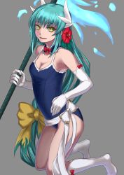 Rule 34 | 1girl, :d, aqua hair, blue one-piece swimsuit, bow, bowtie, breasts, choker, cleavage, collarbone, elbow gloves, fate/grand order, fate (series), flower, gloves, green eyes, grey background, hair between eyes, hair flower, hair ornament, hibiscus, holding, horns, kiyohime (fate), kiyohime (fate/grand order), kiyohime (swimsuit lancer) (fate), kiyohime (swimsuit lancer) (second ascension) (fate), kneehighs, kneeling, long hair, low-tied long hair, medium berass, medium breasts, one-piece swimsuit, open mouth, purutoppu (toranohige), red bow, red bowtie, red flower, school swimsuit, smile, socks, solo, swimsuit, very long hair, white gloves, white socks, yellow bow