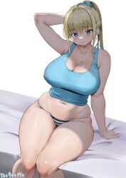 Rule 34 | 1girl, arm support, arm up, aymusk, bed sheet, blonde hair, blue camisole, blue eyes, blush, breasts, camisole, cleavage, closed mouth, collarbone, commentary, commentary request, covered erect nipples, curvy, freckles-chan (aymusk), hair ornament, hair scrunchie, highres, huge breasts, large breasts, long hair, looking at viewer, mole, mole on breast, nail polish, navel, original, panties, scrunchie, sidelocks, sitting, solo, striped clothes, striped panties, thick thighs, thighs, underwear, white background, white panties