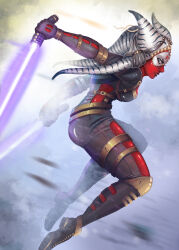 Rule 34 | 1girl, absurdres, alien, blue eyes, colored skin, dual wielding, from side, highres, holding, holding lightsaber, jumping, lightsaber, looking at viewer, purple lightsaber, red skin, rina cane, solo, star wars, star wars: the old republic, togruta