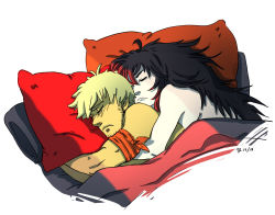 Rule 34 | ahoge, armband, artist request, black hair, blonde hair, breasts on another&#039;s back, closed eyes, pillow, raven branwen, red sheet, rwby, sleeping, sleeping on person, spooning, taiyang xiao long