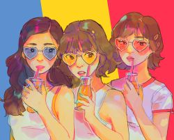 Rule 34 | 3girls, brown hair, drink, drinking straw, glasses, hair ornament, heart, heart-shaped eyewear, highres, holding, holding drink, jeongyeon (twice), long hair, momo (twice), multiple girls, parted lips, routexx, shirt, short hair, short sleeves, sleeveless, sunglasses, twice (group), tzuyu (twice), upper body, white shirt