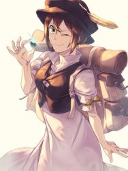 Rule 34 | 1girl, brown hair, dress, gloves, green eyes, hat, highres, jewelry, komame (st beans), looking at viewer, necklace, octopath traveler, octopath traveler i, one eye closed, short hair, simple background, smile, solo, tressa (octopath traveler)