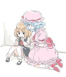Rule 34 | 2girls, ascot, black eyes, black footwear, blonde hair, blue hair, blunt bangs, blush stickers, child, eating, food, frilled hat, frilled legwear, frilled sleeves, frills, from side, hat, high heels, holding, holding food, kneeling, knees together feet apart, knees up, light blue hair, long sleeves, looking at another, mary janes, mitsumoto jouji, mob cap, multiple girls, napkin, no wings, onigiri, pink headwear, profile, puffy short sleeves, puffy sleeves, red ascot, remilia scarlet, rumia, shoe soles, shoes, short hair, short sleeves, sitting, smile, socks, touhou, wavy hair, white background, white socks