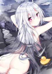 Rule 34 | 1girl, ahoge, arm support, ass, blush, breasts, closed mouth, commentary request, hair between eyes, highres, kamioka shun&#039;ya, large breasts, looking at viewer, looking back, nude, onsen, original, partially submerged, purple eyes, rock, rubber duck, shiori (kamioka shun&#039;ya), silver hair, solo, sweat, water, wet