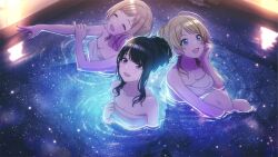 Rule 34 | 3girls, :d, ^ ^, ahoge, armpit crease, bare shoulders, bathing, black hair, blonde hair, blue eyes, breasts, cleavage, closed eyes, collarbone, from above, game cg, grabbing own arm, hachimiya meguru, hair bun, hair flaps, hand on own face, idolmaster, idolmaster shiny colors, illumination stars (idolmaster), kazano hiori, knees, light brown hair, looking up, medium breasts, mole, mole under mouth, multiple girls, naked towel, night, official art, onsen, open mouth, outdoors, outstretched arm, partially submerged, ponytail, purple eyes, reflection, reflective water, sakuragi mano, sidelocks, single hair bun, sky, small breasts, smile, star (sky), stargazing, starry sky, towel, water