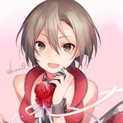 Rule 34 | 1girl, bare shoulders, brown eyes, brown hair, commentary, flower, hand up, kuroi (liar-player), looking at viewer, meiko (vocaloid), meiko (vocaloid3), microphone, nail polish, open mouth, pink background, red flower, red nails, red shirt, ribbon, rose, shirt, smile, solo, twitter username, upper body, vocaloid, wrist cuffs