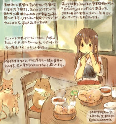 Rule 34 | 10s, 1girl, admiral (kancolle), akagi (kancolle), animal, brown eyes, brown hair, commentary request, cup, curry, dated, dog, drinking glass, food, hamster, holding, holding spoon, japanese clothes, kantai collection, kirisawa juuzou, long hair, muneate, non-human admiral (kancolle), nontraditional miko, numbered, rice, sitting, smile, spoon, tasuki, traditional media, translation request, twitter username, utensil in mouth
