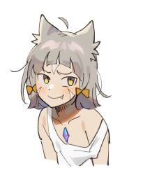 Rule 34 | 1girl, ahoge, animal ear fluff, animal ears, blush, bow, brown bow, brown eyes, closed mouth, collarbone, commentary, cropped torso, facial mark, fang, fang out, grey hair, hair bow, highres, johan (deathamaranth), messy hair, nia (xenoblade), simple background, smile, solo, strap slip, tank top, upper body, white background, white tank top, xenoblade chronicles (series), xenoblade chronicles 2
