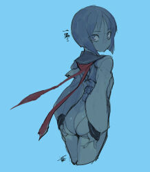 Rule 34 | 1girl, ass, ass support, ayane ichijou, blue hair, blue theme, bob cut, commentary request, cropped legs, expressionless, flat chest, from behind, highres, leotard, looking at viewer, looking back, namaniku atk, short hair, simple background, sketch, solo, soukou akki muramasa, spot color