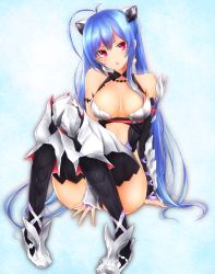 Rule 34 | &gt;:o, 1girl, :o, antenna hair, armor, bare shoulders, black thighhighs, blue hair, breasts, cleavage, detached sleeves, earrings, frofrofrost, head tilt, headgear, highres, jewelry, large breasts, long hair, looking at viewer, original, phantasy star, phantasy star online 2, sitting, solo, star (symbol), temple style repca (pso2), thighhighs, v-shaped eyebrows, very long hair