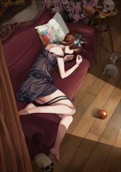 Rule 34 | 1girl, animal ears, apple, bad id, bad pixiv id, black dress, braid, brown hair, cat ears, cat girl, cat tail, closed eyes, couch, dress, female focus, floor, flower, food, fruit, hair ribbon, highres, kaenbyou rin, lying, multiple tails, nekomata, on side, pillow, pitcher (container), red upholstery, ribbon, short hair, skull, sleeping, solo, strap slip, table, tail, touhou, twin braids, twintails, yuu (kyuutai kansetsu)