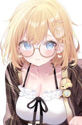 Rule 34 | 1girl, black ribbon, blue eyes, blush, breasts, brown coat, cleavage, coat, collarbone, deyui, earrings, glasses, hair ornament, heart, heart earrings, hololive, hololive english, jewelry, large breasts, looking at viewer, magnifying glass, official alternate costume, plaid, plaid coat, ribbon, solo, virtual youtuber, watson amelia, watson amelia (street casual), white background