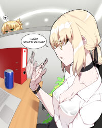 Rule 34 | 2girls, absurdres, artoria pendragon (all), artoria pendragon (fate), black choker, black nails, blonde hair, braid, breasts, choker, cleavage, fanning self, fate/grand order, fate (series), french braid, glaring, green eyes, hair bun, highres, hot, hyperbudd, long hair, looking at another, looking at viewer, medium breasts, mordred (fate), mordred (fate/apocrypha), mother and daughter, multiple girls, nail polish, office lady, pale skin, parted bangs, pepsi, ponytail, red scrunchie, saber alter, scrunchie, sidelocks, sweat, yellow eyes