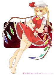 Rule 34 | 1girl, absurdres, artist name, ascot, asymmetrical hair, bad id, bad nicoseiga id, barefoot, blonde hair, breasts, crystal, dated, dutch angle, flandre scarlet, full body, fuyu banana, hat, hat ribbon, highres, legs, mob cap, puffy sleeves, red eyes, ribbon, shirt, short sleeves, side ponytail, skirt, skirt set, solo, touhou, vest, wings, wrist cuffs