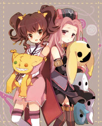 Rule 34 | 00s, 2girls, anise tatlin, arietta (tales), bare shoulders, brown eyes, brown hair, doll, gloves, hara yui, hat, long hair, multiple girls, pink eyes, pink hair, ribbon, smile, stuffed animal, stuffed toy, tales of (series), tales of the abyss, thighhighs, tokunaga (tales), twintails