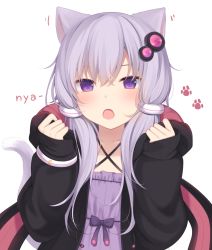 Rule 34 | 1girl, :o, amashiro natsuki, animal ears, bad id, bad pixiv id, black jacket, blush, cat ears, cat girl, cat tail, commentary request, criss-cross halter, dress, fang, hair between eyes, hair ornament, halterneck, hands up, hood, hood down, hooded jacket, jacket, kuudere, long hair, long sleeves, looking at viewer, open mouth, oversized sleeves, puffy long sleeves, puffy sleeves, purple dress, purple eyes, purple hair, romaji text, sleeves past wrists, solo, tail, tail raised, upper body, voiceroid, yuzuki yukari