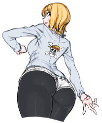 Rule 34 | 1girl, ass, back, black eyes, black pantyhose, blue shirt, breasts, cowboy shot, cropped legs, female focus, from behind, from below, long sleeves, looking at viewer, looking back, nami (one piece), one piece, open mouth, orange hair, pantyhose, shirt, short hair, short shorts, shorts, solo, spacezin, sweatdrop, third-party edit