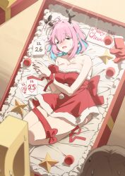Rule 34 | 1girl, 2others, ahoge, antlers, applepie (12711019), bare shoulders, blue hair, blush, bound, bound feet, bound legs, bound wrists, box, breasts, cleavage, closed eyes, collarbone, crying, dress, fingerless gloves, furrowed brow, gift, gift box, gloves, highres, horns, idolmaster, idolmaster cinderella girls, in box, in container, large breasts, merry christmas, multicolored hair, multiple others, nail polish, p-head producer, pink hair, producer (idolmaster), reindeer antlers, santa costume, snot, solo focus, strapless, strapless dress, teardrop, two-tone hair, yumemi riamu