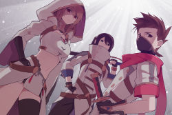 Rule 34 | 1girl, 2boys, black eyes, black gloves, black hair, black pants, black thighhighs, blonde hair, breasts, brown eyes, brown hair, carrying over shoulder, closed mouth, commentary request, cowboy shot, elbow gloves, gloves, hair between eyes, hand on own hip, high collar, highres, holding, holding sword, holding weapon, hood, hood up, jacket, lloyd irving, long hair, looking at viewer, mask, medium breasts, midriff, milla maxwell, mouth mask, multiple boys, namco, navel, official alternate costume, pants, ponytail, red eyes, red scarf, scarf, sheath, sheathed, shirt, short hair, short sleeves, shrug (clothing), sidelocks, single thighhigh, skindentation, skirt, standing, strapless, swept bangs, sword, tales of (series), tales of asteria, tales of symphonia, tales of the rays, tales of vesperia, tales of xillia, thighhighs, tube top, ubo (ubo tales), waist cape, weapon, white jacket, white shirt, white skirt, white sleeves, white tube top, yuri lowell
