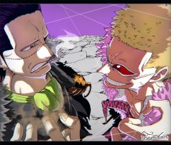 Rule 34 | 2boys, abs, black hair, blonde hair, coat, crocodile (one piece), donquixote doflamingo, fur coat, fur trim, grin, highres, hook, jacket, long sleeves, looking at another, multiple boys, one piece, pectorals, perspective, scar, scar on face, shaded face, short hair, smile, smoking, standing, sunglasses, tacchan56110, tall