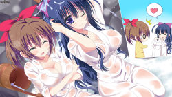 Rule 34 | 2girls, ^^^, bad id, bad pixiv id, black hair, blue eyes, breasts, brown hair, cleavage, closed eyes, copyright name, covered erect nipples, covered navel, crossed arms, eyebrows, hair between eyes, heart, highres, japanese clothes, kimono, large breasts, long hair, looking at viewer, multiple girls, one eye closed, open mouth, psychic hearts, purple ribbon, red ribbon, ribbon, see-through, smile, spoken heart, wet, yuyumatsu