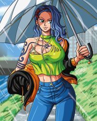 Rule 34 | 1girl, alternate costume, bare shoulders, bbdbg03, blue eyes, blue hair, breasts, female focus, highres, large breasts, midriff, navel, nojiko, one piece, smile, solo, swimsuit, tattoo, thick thighs, thighs, umbrella