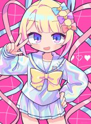 Rule 34 | 1girl, absurdres, blonde hair, blue bow, blue eyes, blue hair, blue nails, blush, bow, chouzetsusaikawa tenshi-chan, cowboy shot, grid background, hair bow, hair ornament, heart, heart hair ornament, highres, holographic clothing, long hair, long sleeves, looking at viewer, multicolored hair, multicolored nails, multiple hair bows, needy girl overdose, open mouth, pin, pink background, pink bow, pink hair, pink nails, pleated skirt, purple bow, quad tails, richard (richaball), sailor collar, school uniform, serafuku, skirt, smile, solo, grid background, v, very long hair, yellow bow, yellow nails