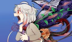 Rule 34 | 1girl, ahoge, buna shimeji (keymush), commentary request, crying, crying with eyes open, dress, flower, half updo, jacket, kishin sagume, messy hair, narrowed eyes, open mouth, pain, plant, red eyes, screaming, short hair, silver hair, snake, solo, tail, tears, teeth, torture, touhou, vines, whale, wide-eyed