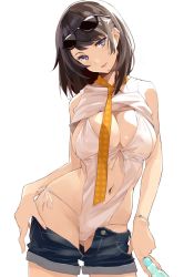 Rule 34 | 1girl, bad id, bad twitter id, black hair, blue eyes, bracelet, breasts, cleavage, clothes lift, clothes pull, clothing cutout, cowboy shot, denim, denim shorts, earrings, eyewear on head, front-tie top, gluteal fold, head tilt, jewelry, kekemotsu, large breasts, medium hair, mole, mole under eye, navel, navel cutout, necktie, one-piece swimsuit, open pants, original, pants, pants pull, shirt lift, short shorts, shorts, side-tie swimsuit, simple background, smile, solo, sunglasses, swimsuit, swimsuit under clothes, white background, white one-piece swimsuit