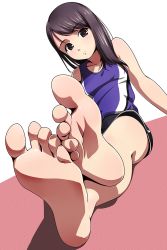 Rule 34 | 1girl, arm support, barefoot, black eyes, black hair, feet, foot focus, foreshortening, highres, long hair, matsunaga kouyou, original, shorts, simple background, sitting, soles, solo, tank top, toes, track and field, track uniform