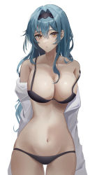Rule 34 | 1girl, absurdres, bad id, bad twitter id, bare shoulders, black bra, black panties, blue hair, bra, breasts, cleavage, closed mouth, collarbone, cowboy shot, eula (genshin impact), genshin impact, hairband, highres, jaduade, large breasts, long hair, long sleeves, looking at viewer, navel, off shoulder, open clothes, open shirt, panties, shirt, simple background, solo, standing, stomach, strap slip, string bra, string panties, underwear, white background, white shirt, yellow eyes