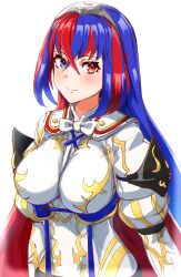 Rule 34 | 1girl, absurdres, alear (female) (fire emblem), alear (fire emblem), blue eyes, blue hair, blush, breasts, closed mouth, crossed bangs, fire emblem, fire emblem engage, hair between eyes, heterochromia, highres, large breasts, light smile, long hair, multicolored hair, nintendo, red eyes, red hair, simple background, solo, split-color hair, tiara, to (tototo tk), two-tone hair, upper body, white background