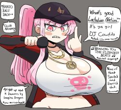 Rule 34 | 1girl, baseball cap, blush stickers, breasts, collarbone, english text, finger gun, grey background, hat, holding, holding microphone, hololive, hololive english, huge breasts, jacket, long hair, microphone, mori calliope, mori calliope (streetwear), musical note, navel, notnoe (dxcl), open clothes, open jacket, pink eyes, pink hair, profanity, shirt, sneer, speech bubble, spoken musical note, very long hair, virtual youtuber, white shirt