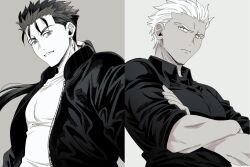 Rule 34 | 2boys, archer (fate), buttons, closed mouth, collared shirt, crossed arms, cu chulainn (fate), earrings, fang, fate/stay night, fate (series), fingernails, forehead, frown, jacket, jewelry, long hair, looking at viewer, male focus, monochrome, multiple boys, nkt (000), open clothes, open jacket, ponytail, shirt, short hair, simple background, split mouth, split screen, toned, toned male