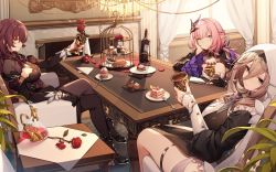 Rule 34 | 3girls, alcohol, aponia (honkai impact), bad link, black footwear, blue eyes, boots, bottle, breasts, brown hair, cake, cake slice, chair, chalice, closed mouth, crossed legs, cup, curtains, dress, drinking glass, eden (honkai impact), elf, elysia (honkai impact), elysia (miss pink elf) (honkai impact), fireplace, flower, food, fork, hair ornament, hand on own cheek, hand on own face, highres, holding cup, honkai (series), honkai impact 3rd, indoors, long hair, long sleeves, looking at viewer, multiple girls, nun, official art, petals, pink hair, plate, pointy ears, ponytail, purple dress, purple eyes, purple hair, purple legwear, red flower, red rose, rose, sitting, smile, table, thighhighs, window, wine, wine bottle, wine glass, yellow eyes