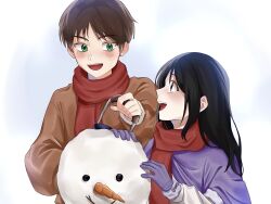 Rule 34 | 1boy, 1girl, black hair, blush, brown hair, brown sweater, capelet, child, eren yeager, gloves, green eyes, highres, long hair, long sleeves, looking at another, mikasa ackerman, open mouth, purple capelet, purple gloves, red scarf, scarf, shingeki no kyojin, shirt, short hair, smile, snowman, sweater, upper body, white shirt, winter, winter clothes, ys09 08