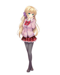 Rule 34 | 1girl, absurdres, black pantyhose, blonde hair, braid, cardigan, full body, girlfriend (kari), green eyes, hand on own face, highres, leggings, loafers, long hair, long sleeves, looking at viewer, mochizuki erena, pantyhose, plaid, plaid skirt, pleated skirt, shoes, simple background, skirt, smile, solo, transparent background, white background