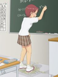 Rule 34 | chalkboard, classroom, highres, peeing, peeing self, plaid, plaid skirt, red hair, school, short hair, skirt, tears, yzk