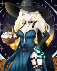 Rule 34 | 1girl, absurdres, alternate color, alternate costume, basket, black gloves, blonde hair, blue dress, blue eyes, blue lips, breasts, candy, cape, choker, cleavage, dress, elbow gloves, eyeshadow, food, gloves, halloween, halloween costume, hand on own hip, hat, highres, kolin, long hair, makeup, medium breasts, pumpkin, sif221, solo, street fighter, street fighter v, thigh strap, thighhighs, thighs, wavy hair, witch hat, worried, zettai ryouiki