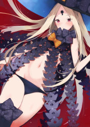 Rule 34 | 1girl, abigail williams (fate), abigail williams (second ascension) (fate), asymmetrical legwear, black bow, black hat, black panties, black thighhighs, blonde hair, blush, bow, closed mouth, commentary request, doushimasho, fate/grand order, fate (series), groin, hat, hat bow, highres, keyhole, long hair, looking at viewer, navel, orange bow, panties, parted bangs, pink eyes, revealing clothes, single thighhigh, solo, thighhighs, topless, underwear, uneven legwear, very long hair, witch hat