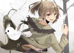 Rule 34 | 10s, 1girl, ^ ^, animal, bird, blush, breath, brown eyes, brown hair, chibirisu, closed eyes, coat, commentary request, day, closed eyes, hair ribbon, i-401 (kancolle), kantai collection, looking at viewer, open mouth, outdoors, ponytail, ribbon, school swimsuit, school uniform, serafuku, smile, snowing, solo, swimsuit, swimsuit under clothes, tree, winter