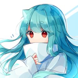 Rule 34 | 1girl, blue background, blue hair, commentary, highres, horns, long hair, looking at viewer, notice lines, red eyes, shinkai (eve), sidelocks, simple background, sleeves past wrists, solo, sweater, two-tone background, upper body, white background, white sweater, zerouta