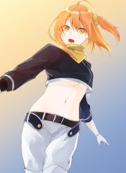 1girl ahoge bad_id bad_pixiv_id belt belt_buckle black_belt blonde_hair blue_background bracelet breasts buckle cowboy_shot crop_top fate/grand_order fate_(series) fujimaru_ritsuka_(female) fujimaru_ritsuka_(female)_(true_ether_chaldea_uniform) gradient_background gradient_hair hair_between_eyes hair_ornament hair_scrunchie highres jewelry long_sleeves medium_breasts medium_hair midriff multicolored_hair navel official_alternate_costume open_mouth orange_hair outstretched_arms paaaajiiiiii pants scrunchie side_ponytail solo standing stomach underboob white_pants yellow_background yellow_eyes yellow_scrunchie