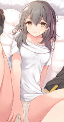 Rule 34 | bed sheet, blush, breasts, cameltoe, from above, grey hair, hand on own crotch, highres, honkai: star rail, honkai (series), komone ushio, long hair, looking at viewer, lying, medium breasts, on back, shirt, shorts, smile, solo, spread legs, stelle (honkai: star rail), trailblazer (honkai: star rail), white shirt, yellow eyes, yellow shorts