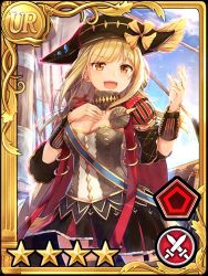 Rule 34 | 1girl, artist request, blonde hair, blush, breasts, cape, cleavage, cross, detached sleeves, dress, hat, highres, jewelry, long hair, long sleeves, medium breasts, multicolored clothes, necklace, official art, open mouth, puzzle of empires, ribbon, ship, short dress, skirt, sky, smile, solo, thighhighs, vasco da gama, very long hair, watercraft, yellow eyes