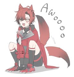 Rule 34 | 1boy, animal ears, black gloves, dog boy, dog ears, dog tail, full body, gloves, highres, holostars, holostars english, machina x flayon, male focus, open mouth, red hair, short hair, simple background, solo, tail, tail wagging, white background, xmayo0x