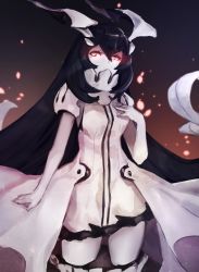 Rule 34 | 10s, 1girl, abyssal ship, anchorage water oni, bad id, bad pixiv id, black hair, breasts, colored skin, dress, glowing, glowing eyes, hair between eyes, horns, kantai collection, long hair, looking to the side, red eyes, solo, very long hair, weasel (close-to-the-edge), white dress, white skin