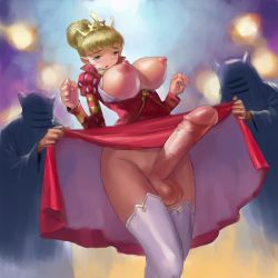 Rule 34 | 1girl, 2boys, assisted exposure, blonde hair, blue eyes, bottomless, breasts, breasts out, censored, clothes lift, crown, dress, dress lift, dutch angle, earrings, erection, futanari, highres, huge penis, jewelry, large breasts, large penis, mosaic censoring, multiple boys, newhalf, no panties, penis, princess, red dress, skirt, skirt lift, tank-kun, testicles, thighhighs, veins, veiny penis, white thighhighs
