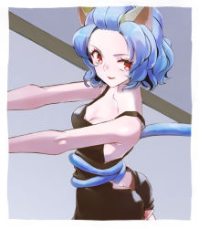 Rule 34 | 1girl, animal ears, backless dress, backless outfit, bare arms, black dress, blue hair, border, breasts, butt crack, cat ears, cat tail, cleavage, collarbone, dress, from side, grey background, highres, hunter x hunter, medium breasts, medium hair, neferpitou, open mouth, red eyes, short dress, sleeveless, sleeveless dress, solo, standing, tail, white border, yagisawa teru